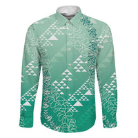 Hawaii Jade Green Kapa Family Matching Off Shoulder Maxi Dress and Hawaiian Shirt Vintage 'Ohe Kāpala Motifs Mix Plumeria Leis LT7 Dad's Shirt - Long Sleeve Jade Green - Polynesian Pride