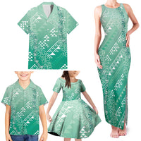 Hawaii Jade Green Kapa Family Matching Tank Maxi Dress and Hawaiian Shirt Vintage 'Ohe Kāpala Motifs Mix Plumeria Leis LT7 - Polynesian Pride