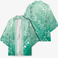 Hawaii Jade Green Kapa Kimono Vintage 'Ohe Kāpala Motifs Mix Plumeria Leis