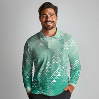 Hawaii Jade Green Kapa Long Sleeve Polo Shirt Vintage 'Ohe Kāpala Motifs Mix Plumeria Leis LT7 - Polynesian Pride