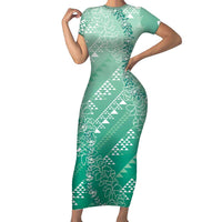 Hawaii Jade Green Kapa Short Sleeve Bodycon Dress Vintage 'Ohe Kāpala Motifs Mix Plumeria Leis LT7 Long Dress Jade Green - Polynesian Pride