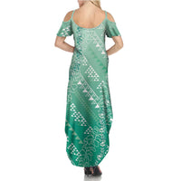 Hawaii Jade Green Kapa Summer Maxi Dress Vintage 'Ohe Kāpala Motifs Mix Plumeria Leis LT7 - Polynesian Pride