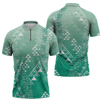 Hawaii Jade Green Kapa Zipper Polo Shirt Vintage 'Ohe Kāpala Motifs Mix Plumeria Leis LT7 - Polynesian Pride