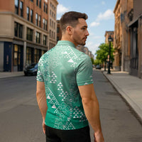 Hawaii Jade Green Kapa Zipper Polo Shirt Vintage 'Ohe Kāpala Motifs Mix Plumeria Leis LT7 - Polynesian Pride