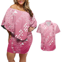 Hawaii Rose Pink Kapa Couples Matching Off Shoulder Short Dress and Hawaiian Shirt Vintage 'Ohe Kāpala Motifs Mix Plumeria Leis LT7 Rose Pink - Polynesian Pride