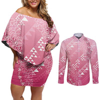 Hawaii Rose Pink Kapa Couples Matching Off Shoulder Short Dress and Long Sleeve Button Shirt Vintage 'Ohe Kāpala Motifs Mix Plumeria Leis LT7 Rose Pink - Polynesian Pride