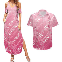 Hawaii Rose Pink Kapa Couples Matching Summer Maxi Dress and Hawaiian Shirt Vintage 'Ohe Kāpala Motifs Mix Plumeria Leis LT7 Rose Pink - Polynesian Pride
