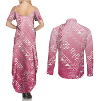 Hawaii Rose Pink Kapa Couples Matching Summer Maxi Dress and Long Sleeve Button Shirt Vintage 'Ohe Kāpala Motifs Mix Plumeria Leis LT7 - Polynesian Pride