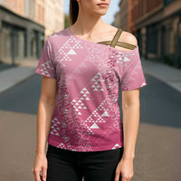 Hawaii Rose Pink Kapa Cross Shoulder Shirt Vintage 'Ohe Kāpala Motifs Mix Plumeria Leis LT7 - Polynesian Pride