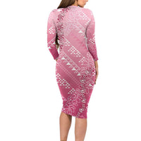 Hawaii Rose Pink Kapa Family Matching Long Sleeve Bodycon Dress and Hawaiian Shirt Vintage 'Ohe Kāpala Motifs Mix Plumeria Leis LT7 - Polynesian Pride
