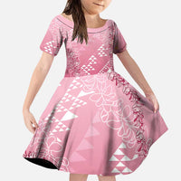 Hawaii Rose Pink Kapa Family Matching Off Shoulder Short Dress and Hawaiian Shirt Vintage 'Ohe Kāpala Motifs Mix Plumeria Leis LT7 Daughter's Dress Rose Pink - Polynesian Pride