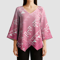 Hawaii Rose Pink Kapa Kimono Sleeve Blouse Vintage 'Ohe Kāpala Motifs Mix Plumeria Leis LT7 - Polynesian Pride