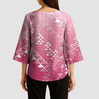 Hawaii Rose Pink Kapa Kimono Sleeve Blouse Vintage 'Ohe Kāpala Motifs Mix Plumeria Leis LT7 - Polynesian Pride
