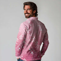 Hawaii Rose Pink Kapa Long Sleeve Polo Shirt Vintage 'Ohe Kāpala Motifs Mix Plumeria Leis LT7 - Polynesian Pride