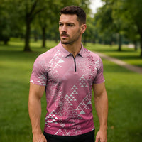 Hawaii Rose Pink Kapa Zipper Polo Shirt Vintage 'Ohe Kāpala Motifs Mix Plumeria Leis LT7 - Polynesian Pride