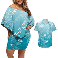 Hawaii Turquoise Kapa Couples Matching Off Shoulder Short Dress and Hawaiian Shirt Vintage 'Ohe Kāpala Motifs Mix Plumeria Leis LT7 Turquoise - Polynesian Pride