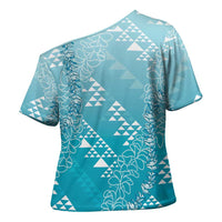 Hawaii Turquoise Kapa Cross Shoulder Shirt Vintage 'Ohe Kāpala Motifs Mix Plumeria Leis LT7 - Polynesian Pride