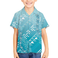 Hawaii Turquoise Kapa Family Matching Off The Shoulder Long Sleeve Dress and Hawaiian Shirt Vintage 'Ohe Kāpala Motifs Mix Plumeria Leis LT7 Son's Shirt Turquoise - Polynesian Pride