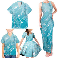 Hawaii Turquoise Kapa Family Matching Tank Maxi Dress and Hawaiian Shirt Vintage 'Ohe Kāpala Motifs Mix Plumeria Leis LT7 - Polynesian Pride