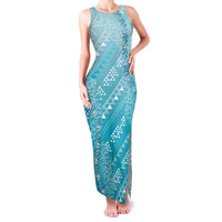Hawaii Turquoise Kapa Family Matching Tank Maxi Dress and Hawaiian Shirt Vintage 'Ohe Kāpala Motifs Mix Plumeria Leis LT7 Mom's Dress Turquoise - Polynesian Pride