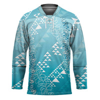 Hawaii Turquoise Kapa Hockey Jersey Vintage 'Ohe Kāpala Motifs Mix Plumeria Leis LT7 Unisex Turquoise - Polynesian Pride