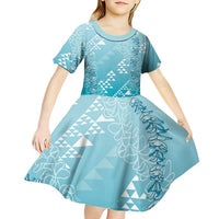 Hawaii Turquoise Kapa Kid Short Sleeve Dress Vintage 'Ohe Kāpala Motifs Mix Plumeria Leis LT7 - Polynesian Pride