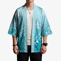 Hawaii Turquoise Kapa Kimono Vintage 'Ohe Kāpala Motifs Mix Plumeria Leis