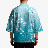 Hawaii Turquoise Kapa Kimono Vintage 'Ohe Kāpala Motifs Mix Plumeria Leis
