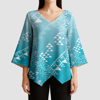 Hawaii Turquoise Kapa Kimono Sleeve Blouse Vintage 'Ohe Kāpala Motifs Mix Plumeria Leis LT7 - Polynesian Pride