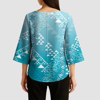 Hawaii Turquoise Kapa Kimono Sleeve Blouse Vintage 'Ohe Kāpala Motifs Mix Plumeria Leis LT7 - Polynesian Pride