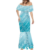 Hawaii Turquoise Kapa Mermaid Dress Vintage 'Ohe Kāpala Motifs Mix Plumeria Leis LT7 - Polynesian Pride