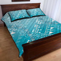 Hawaii Turquoise Kapa Quilt Bed Set Vintage 'Ohe Kāpala Motifs Mix Plumeria Leis