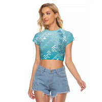 Hawaii Turquoise Kapa Raglan Cropped T Shirt Vintage 'Ohe Kāpala Motifs Mix Plumeria Leis LT7 Female Turquoise - Polynesian Pride