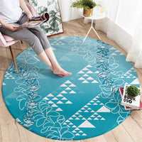 Hawaii Turquoise Kapa Round Carpet Vintage 'Ohe Kāpala Motifs Mix Plumeria Leis