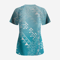 Hawaii Turquoise Kapa Scrub Top Vintage 'Ohe Kāpala Motifs Mix Plumeria Leis