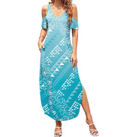 Hawaii Turquoise Kapa Summer Maxi Dress Vintage 'Ohe Kāpala Motifs Mix Plumeria Leis LT7 Women Turquoise - Polynesian Pride