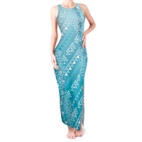 Hawaii Turquoise Kapa Tank Maxi Dress Vintage 'Ohe Kāpala Motifs Mix Plumeria Leis LT7 Women Turquoise - Polynesian Pride