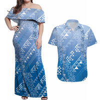 Hawaii Royal Blue Kapa Couples Matching Off Shoulder Maxi Dress and Hawaiian Shirt Vintage 'Ohe Kāpala Motifs Mix Plumeria Leis LT7 Royal Blue - Polynesian Pride