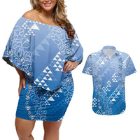 Hawaii Royal Blue Kapa Couples Matching Off Shoulder Short Dress and Hawaiian Shirt Vintage 'Ohe Kāpala Motifs Mix Plumeria Leis LT7 Royal Blue - Polynesian Pride