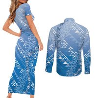 Hawaii Royal Blue Kapa Couples Matching Short Sleeve Bodycon Dress and Long Sleeve Button Shirt Vintage 'Ohe Kāpala Motifs Mix Plumeria Leis LT7 - Polynesian Pride