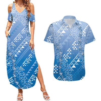 Hawaii Royal Blue Kapa Couples Matching Summer Maxi Dress and Hawaiian Shirt Vintage 'Ohe Kāpala Motifs Mix Plumeria Leis LT7 Royal Blue - Polynesian Pride