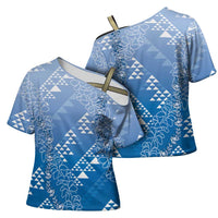 Hawaii Royal Blue Kapa Cross Shoulder Shirt Vintage 'Ohe Kāpala Motifs Mix Plumeria Leis LT7 - Polynesian Pride