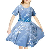 Hawaii Royal Blue Kapa Kid Short Sleeve Dress Vintage 'Ohe Kāpala Motifs Mix Plumeria Leis LT7 - Polynesian Pride