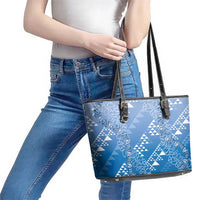 Hawaii Royal Blue Kapa Leather Tote Bag Vintage 'Ohe Kāpala Motifs Mix Plumeria Leis LT7 - Polynesian Pride