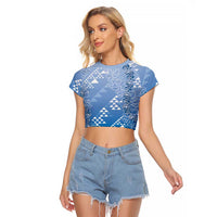 Hawaii Royal Blue Kapa Raglan Cropped T Shirt Vintage 'Ohe Kāpala Motifs Mix Plumeria Leis LT7 Female Royal Blue - Polynesian Pride