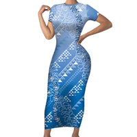 Hawaii Royal Blue Kapa Short Sleeve Bodycon Dress Vintage 'Ohe Kāpala Motifs Mix Plumeria Leis LT7 Long Dress Royal Blue - Polynesian Pride