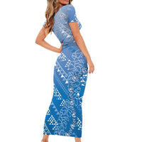 Hawaii Royal Blue Kapa Short Sleeve Bodycon Dress Vintage 'Ohe Kāpala Motifs Mix Plumeria Leis LT7 - Polynesian Pride