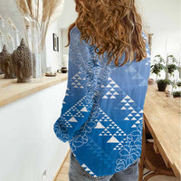 Hawaii Royal Blue Kapa Women Casual Shirt Vintage 'Ohe Kāpala Motifs Mix Plumeria Leis LT7 - Polynesian Pride