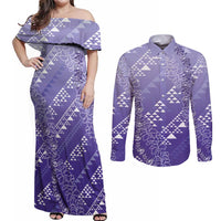 Hawaii Lavender Kapa Couples Matching Off Shoulder Maxi Dress and Long Sleeve Button Shirt Vintage 'Ohe Kāpala Motifs Mix Plumeria Leis LT7 Lavender - Polynesian Pride