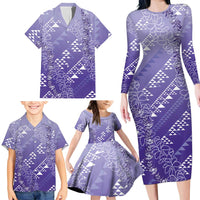Hawaii Lavender Kapa Family Matching Long Sleeve Bodycon Dress and Hawaiian Shirt Vintage 'Ohe Kāpala Motifs Mix Plumeria Leis LT7 - Polynesian Pride